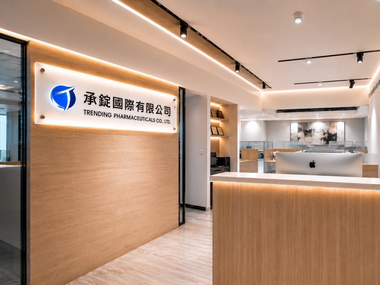 Trending Pharmaceuticals office entrance signage — 承錠國際有限公司 headquarters